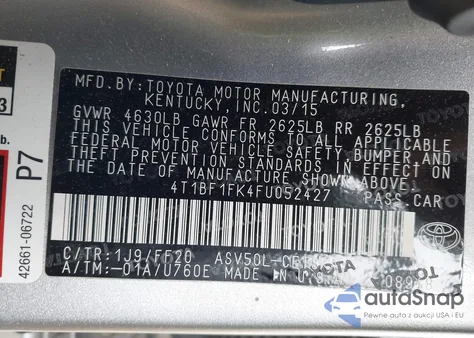 2015 Toyota Camry Se z USA, uszkodzony, nr VIN 4T1BF1FK4FU052427